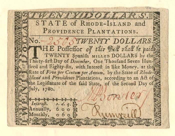 Colonial Currency - FR RI-289 - July 2, 1780 - Paper Money